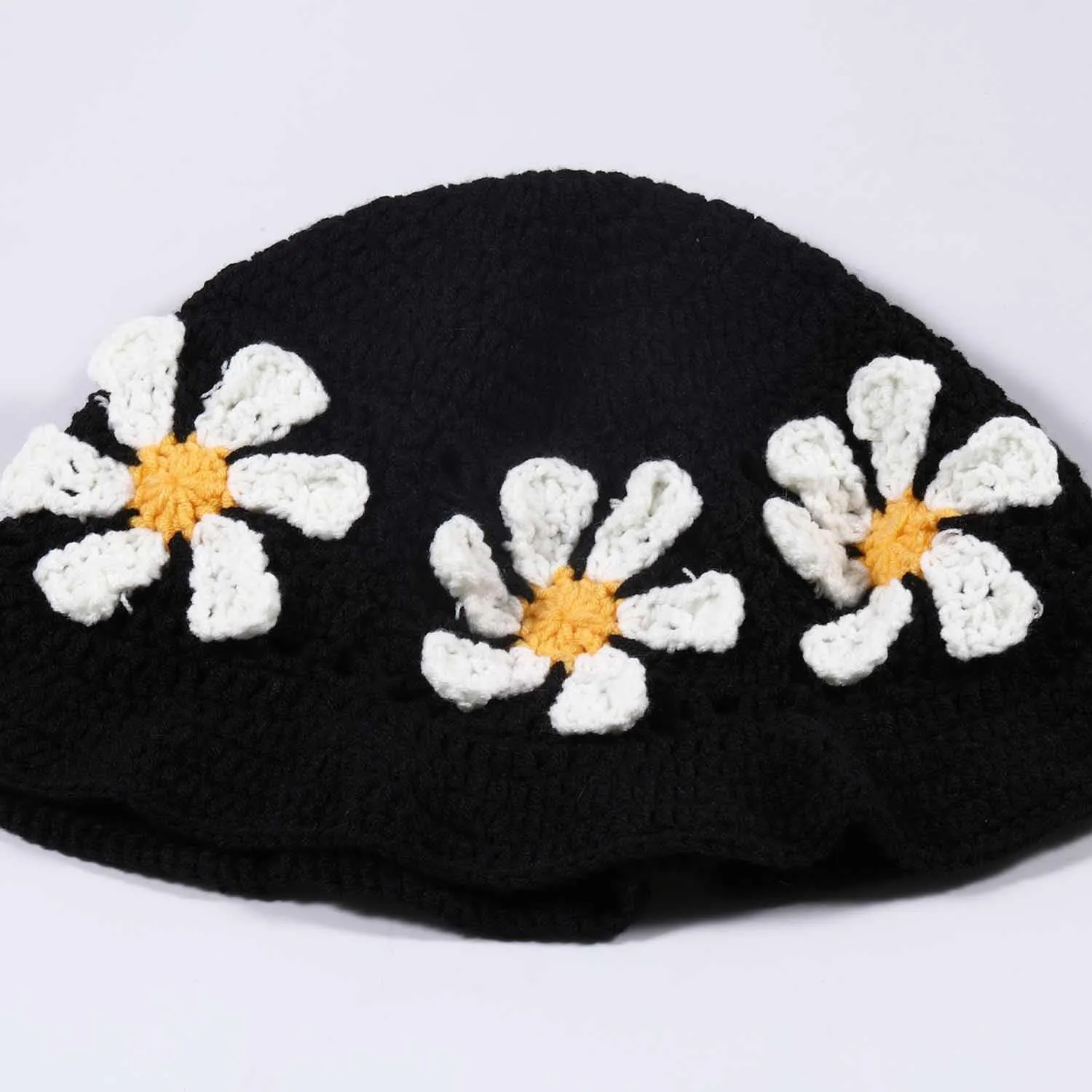 Crochet Bucket Hat for Women Flower Knit Hat Hollow Out Foldable Cap Hats