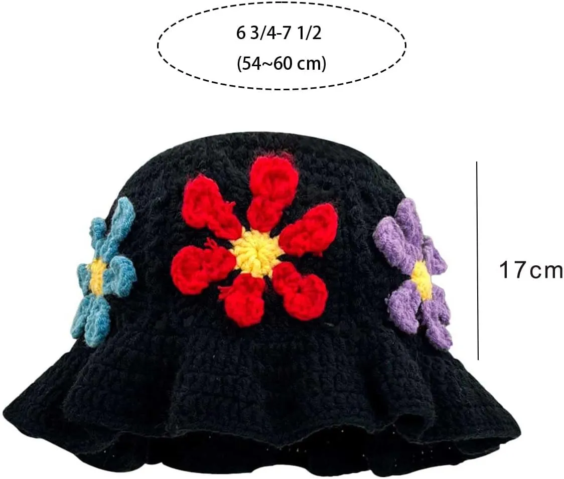 Crochet Bucket Hat for Women Flower Knit Hat Hollow Out Foldable Cap Hats