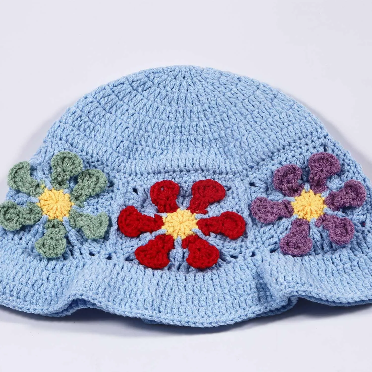 Crochet Bucket Hat for Women Flower Knit Hat Hollow Out Foldable Cap Hats