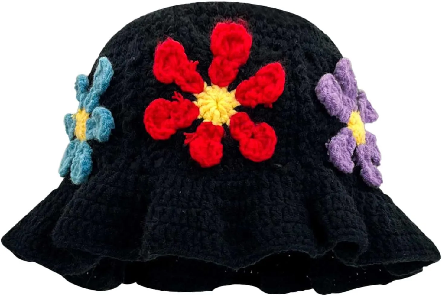 Crochet Bucket Hat for Women Flower Knit Hat Hollow Out Foldable Cap Hats