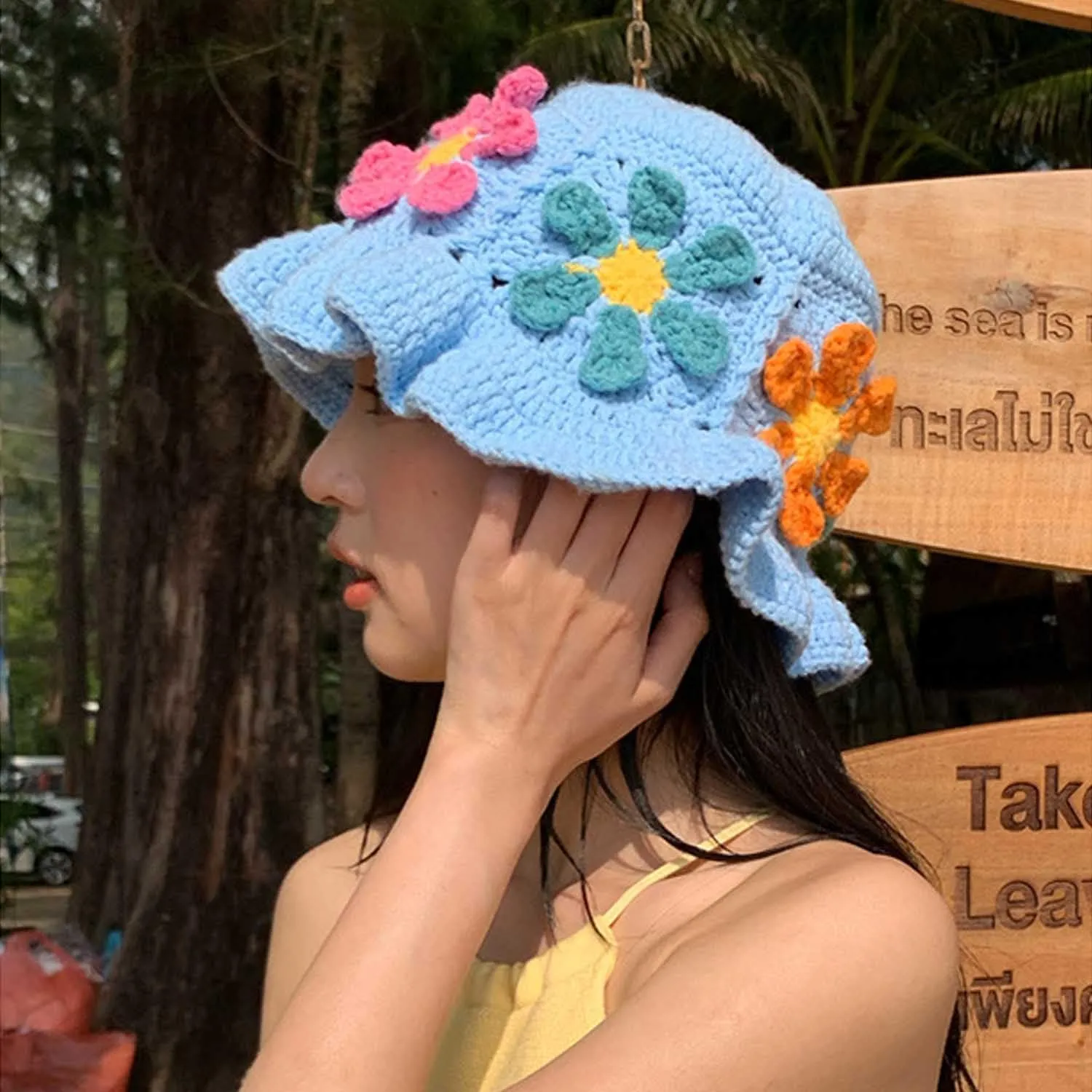 Crochet Bucket Hat for Women Flower Knit Hat Hollow Out Foldable Cap Hats