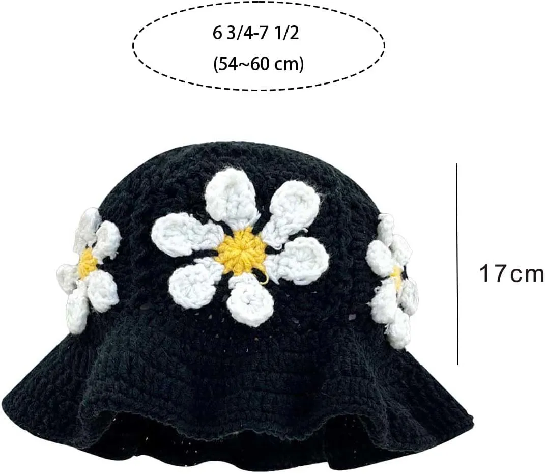 Crochet Bucket Hat for Women Flower Knit Hat Hollow Out Foldable Cap Hats