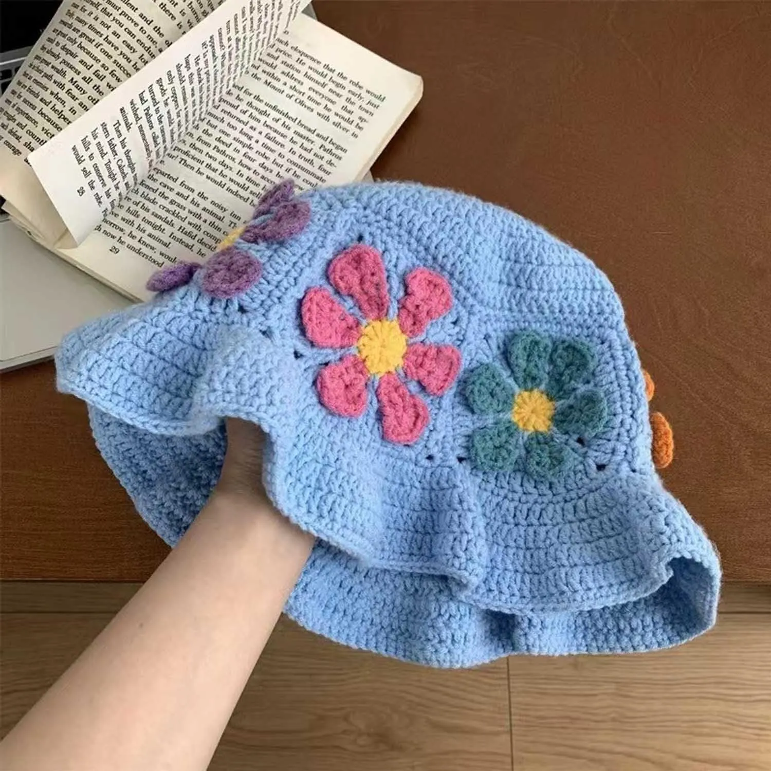 Crochet Bucket Hat for Women Flower Knit Hat Hollow Out Foldable Cap Hats