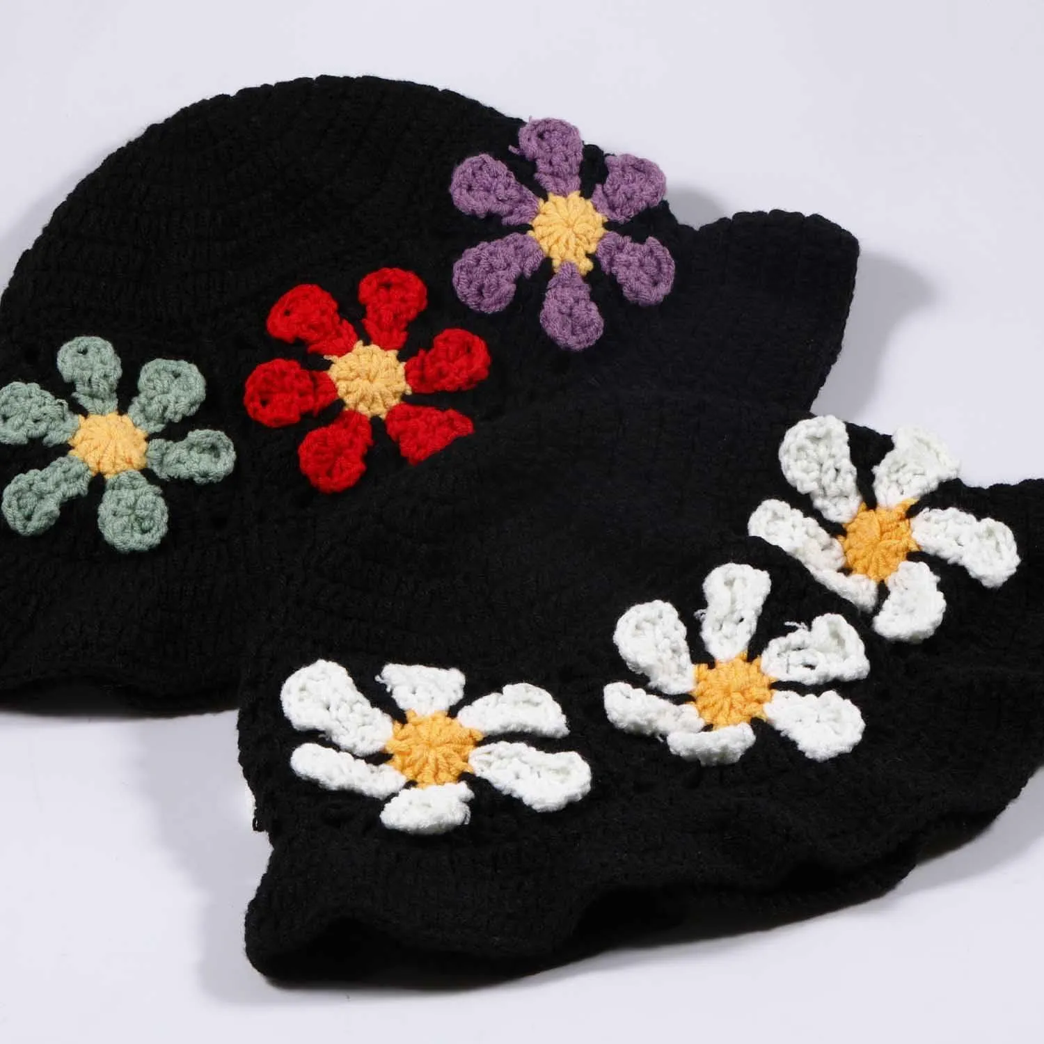 Crochet Bucket Hat for Women Flower Knit Hat Hollow Out Foldable Cap Hats