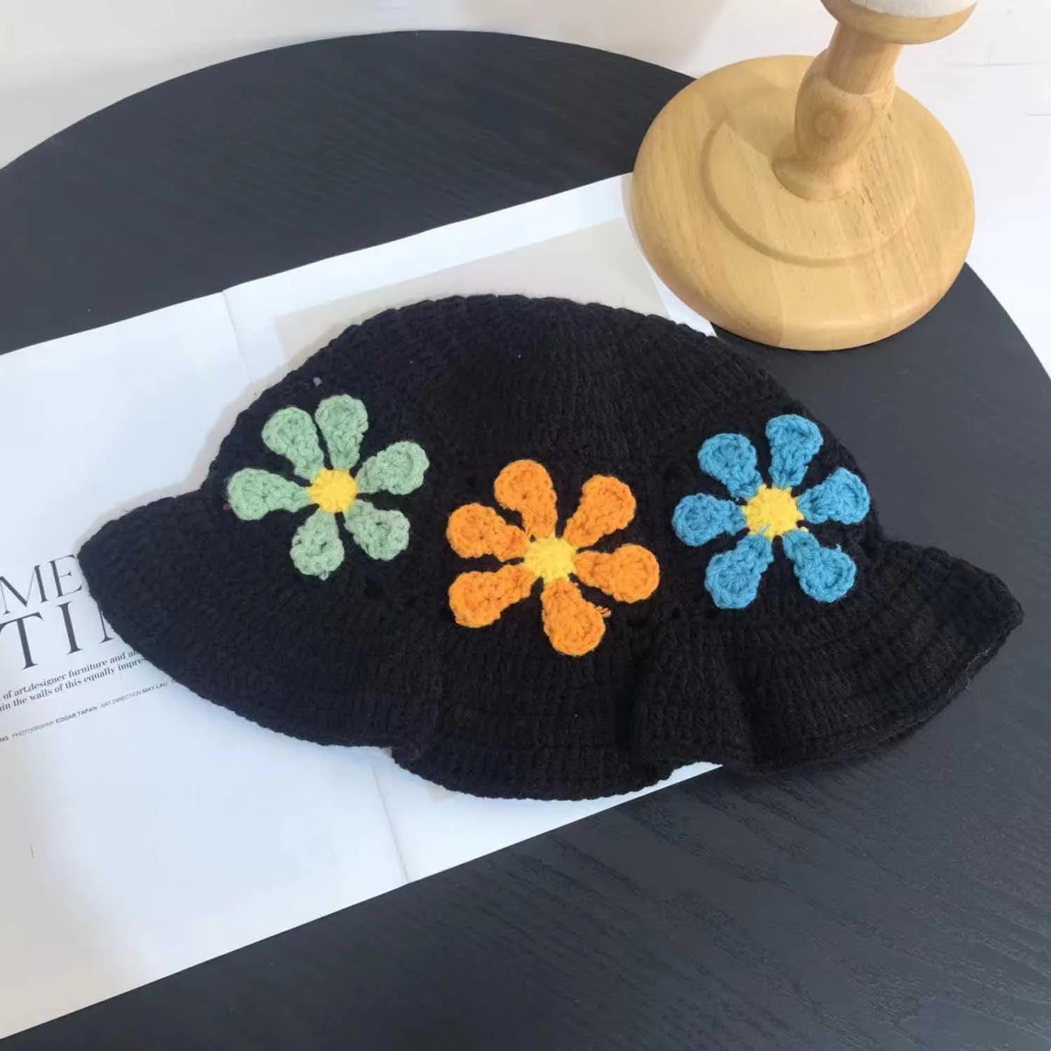 Crochet Bucket Hat for Women Flower Knit Hat Hollow Out Foldable Cap Hats