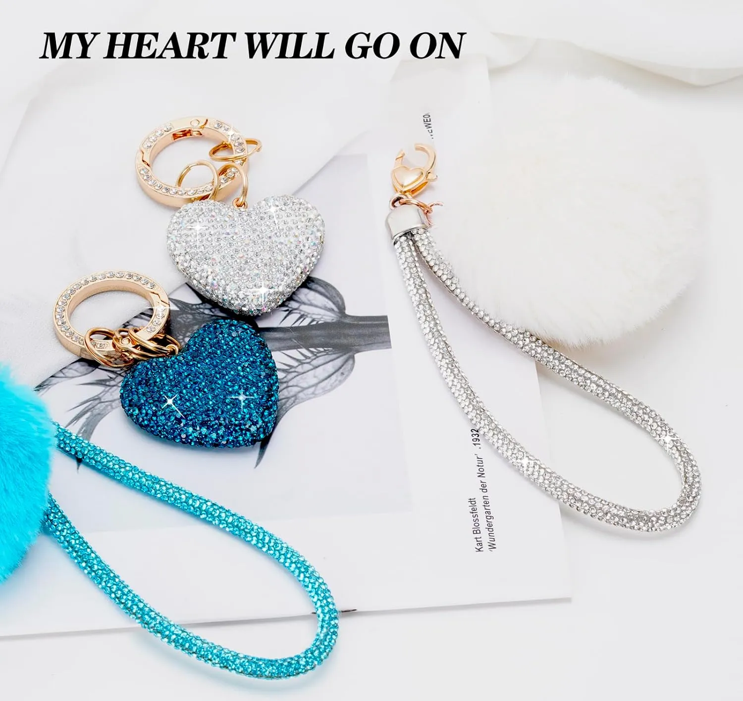 Cute Heart Keychains for Women, Bling Key chain Accessories Girly Wristlet Keychain for Car Keys, Backpack pom pom