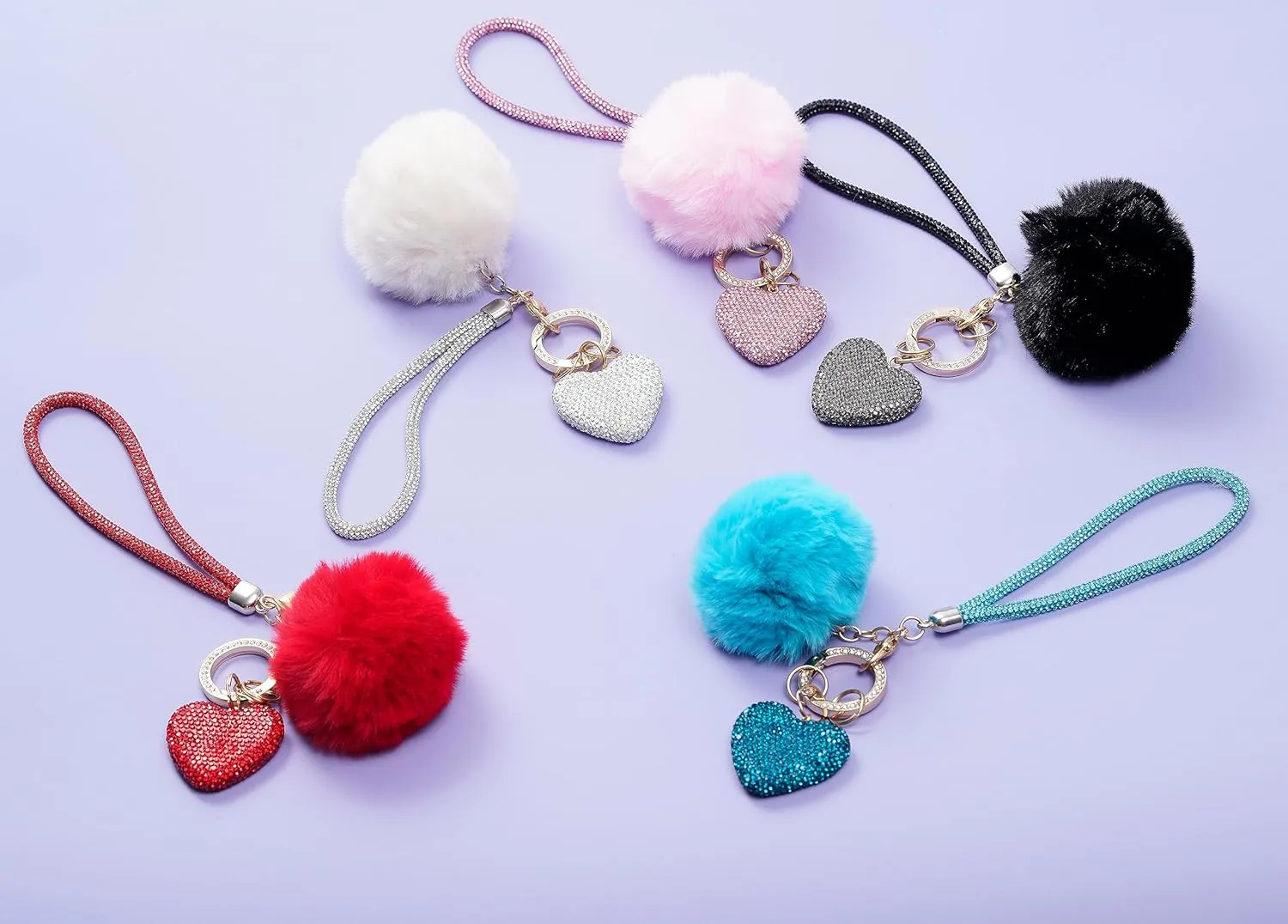 Cute Heart Keychains for Women, Bling Key chain Accessories Girly Wristlet Keychain for Car Keys, Backpack pom pom