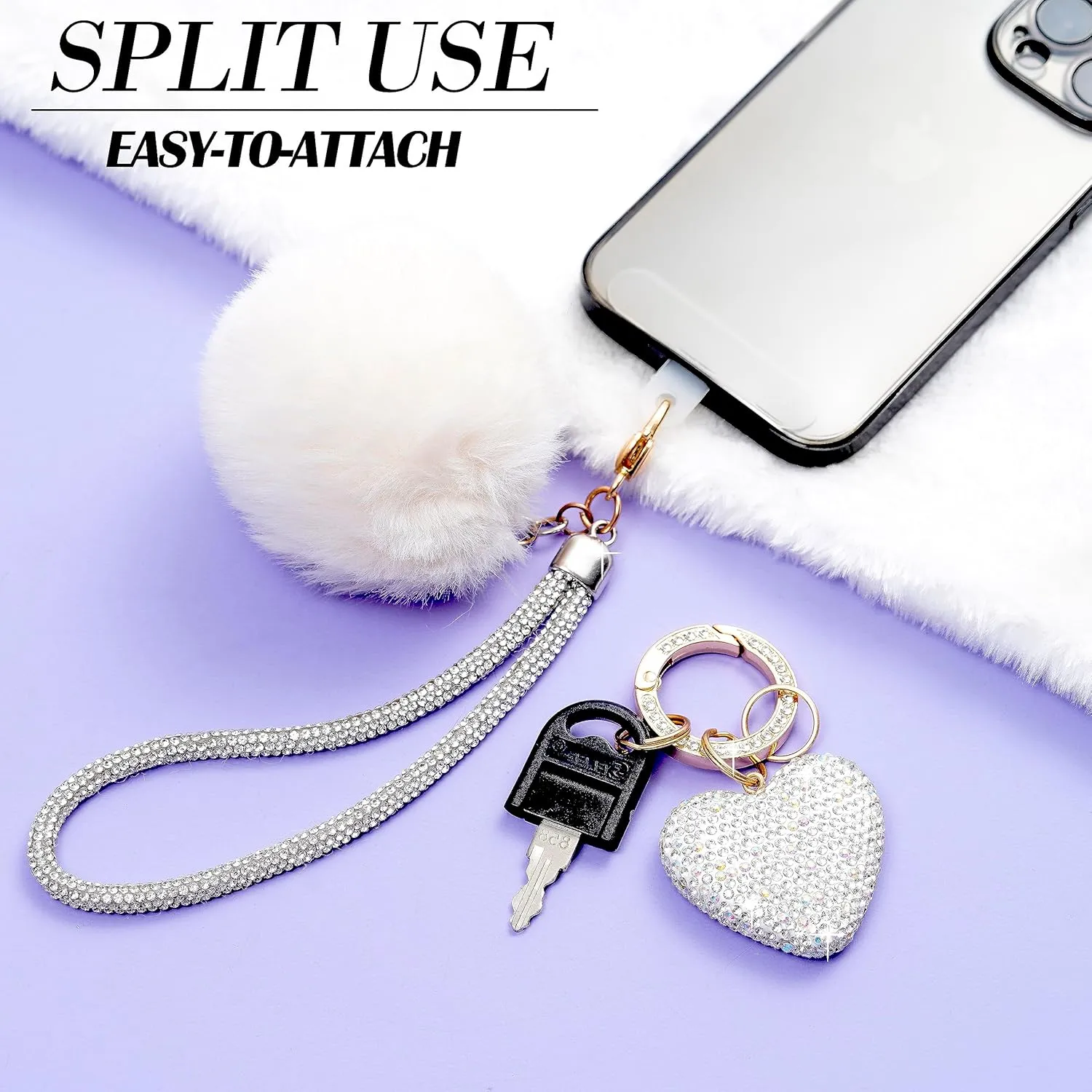 Cute Heart Keychains for Women, Bling Key chain Accessories Girly Wristlet Keychain for Car Keys, Backpack pom pom