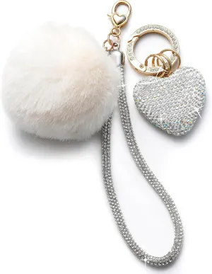 Cute Heart Keychains for Women, Bling Key chain Accessories Girly Wristlet Keychain for Car Keys, Backpack pom pom