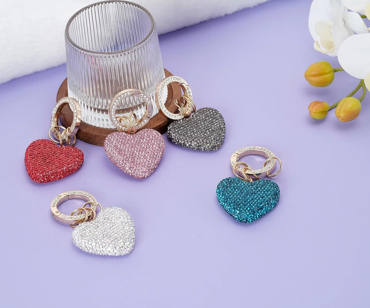 Cute Heart Keychains for Women, Bling Key chain Accessories Girly Wristlet Keychain for Car Keys, Backpack pom pom