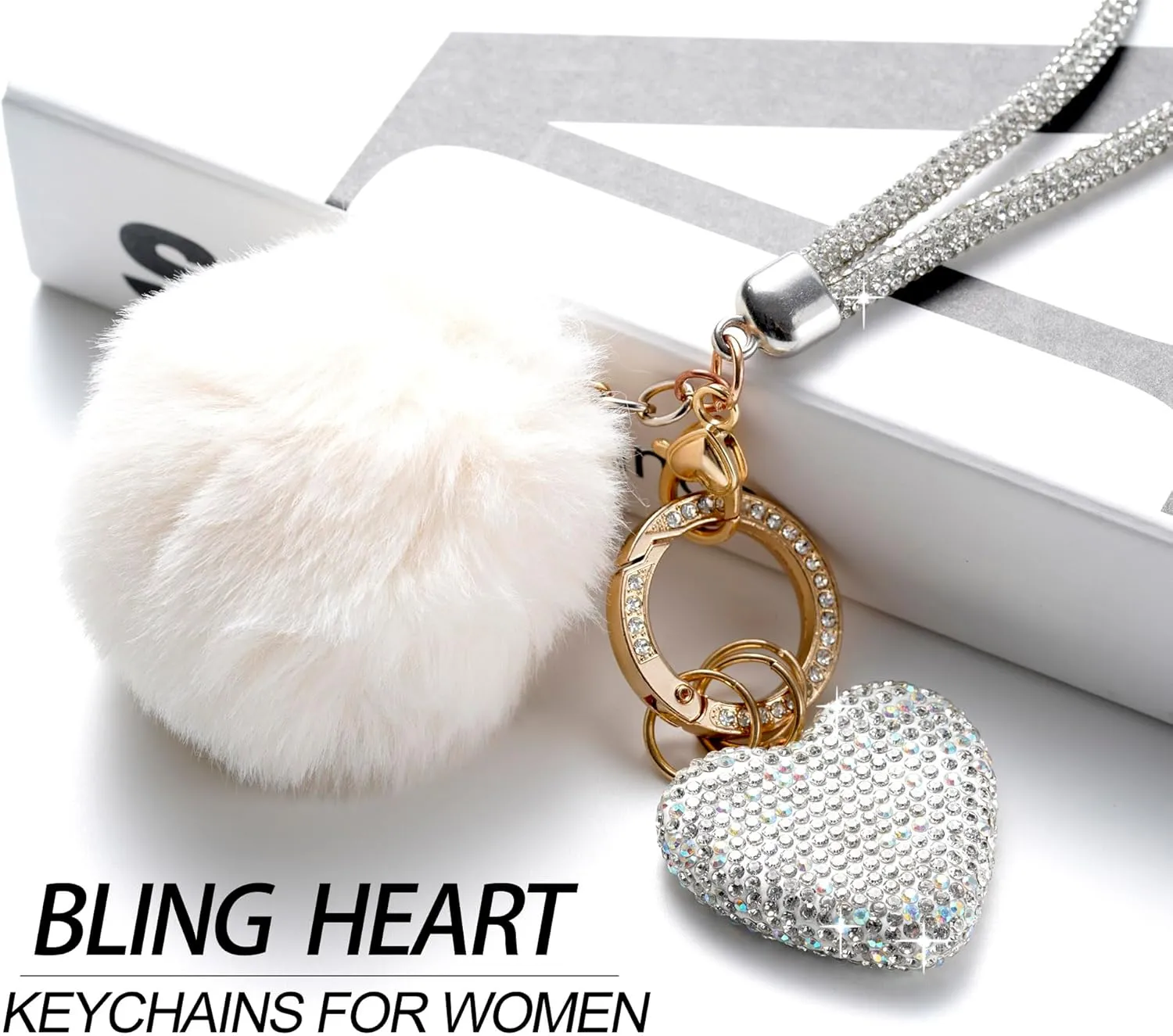 Cute Heart Keychains for Women, Bling Key chain Accessories Girly Wristlet Keychain for Car Keys, Backpack pom pom