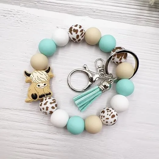 Cute Highland Cow Keychain Cattle Elk Elephants Wristlet Animal Tassel Key Ring Bead Bracelet for Women Gift