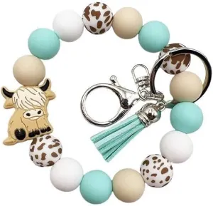 Cute Highland Cow Keychain Cattle Elk Elephants Wristlet Animal Tassel Key Ring Bead Bracelet for Women Gift