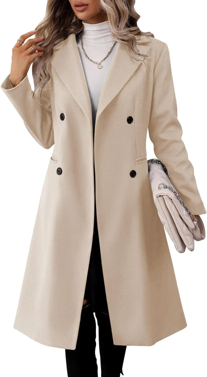 Danedvi Womens Long Double Breasted Coats Lapel Collar Pea Coat Winter Slim Fit Jackets Trench Coat Outwear