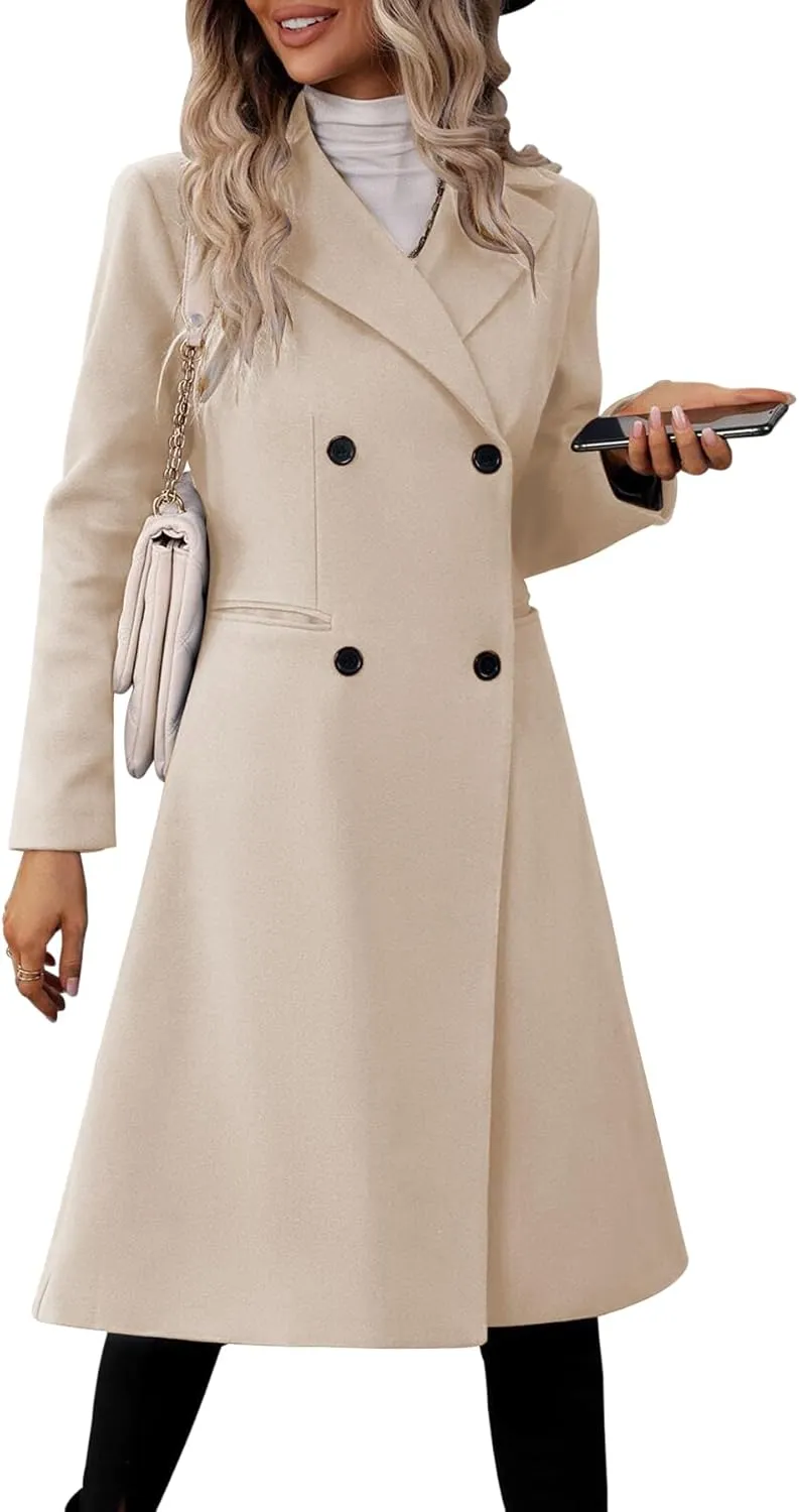 Danedvi Womens Long Double Breasted Coats Lapel Collar Pea Coat Winter Slim Fit Jackets Trench Coat Outwear