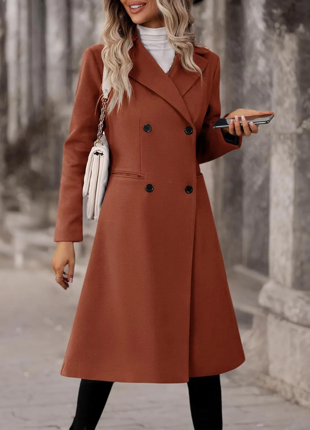 Danedvi Womens Long Double Breasted Coats Lapel Collar Pea Coat Winter Slim Fit Jackets Trench Coat Outwear