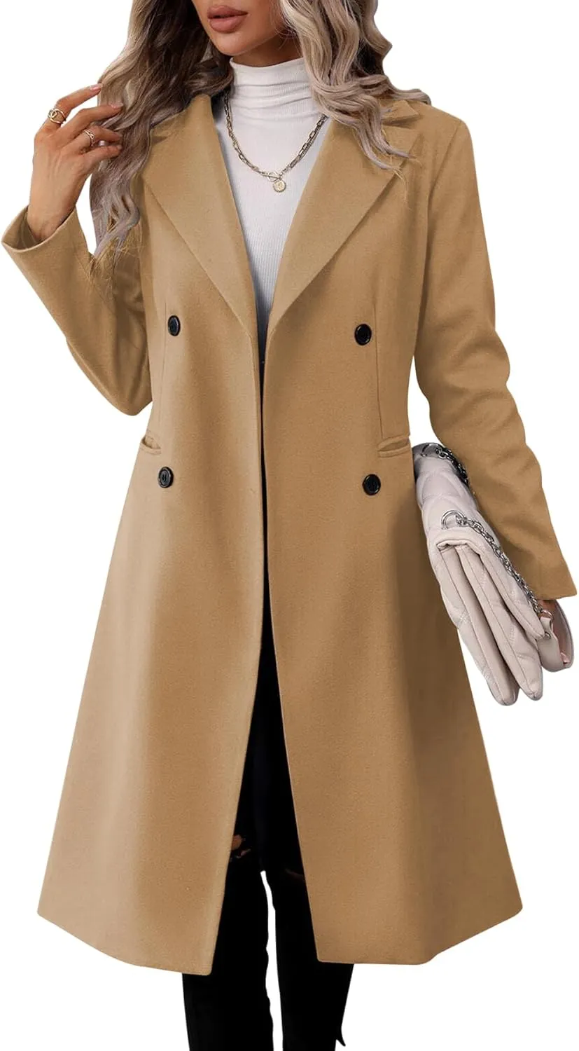 Danedvi Womens Long Double Breasted Coats Lapel Collar Pea Coat Winter Slim Fit Jackets Trench Coat Outwear