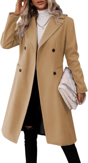 Danedvi Womens Long Double Breasted Coats Lapel Collar Pea Coat Winter Slim Fit Jackets Trench Coat Outwear