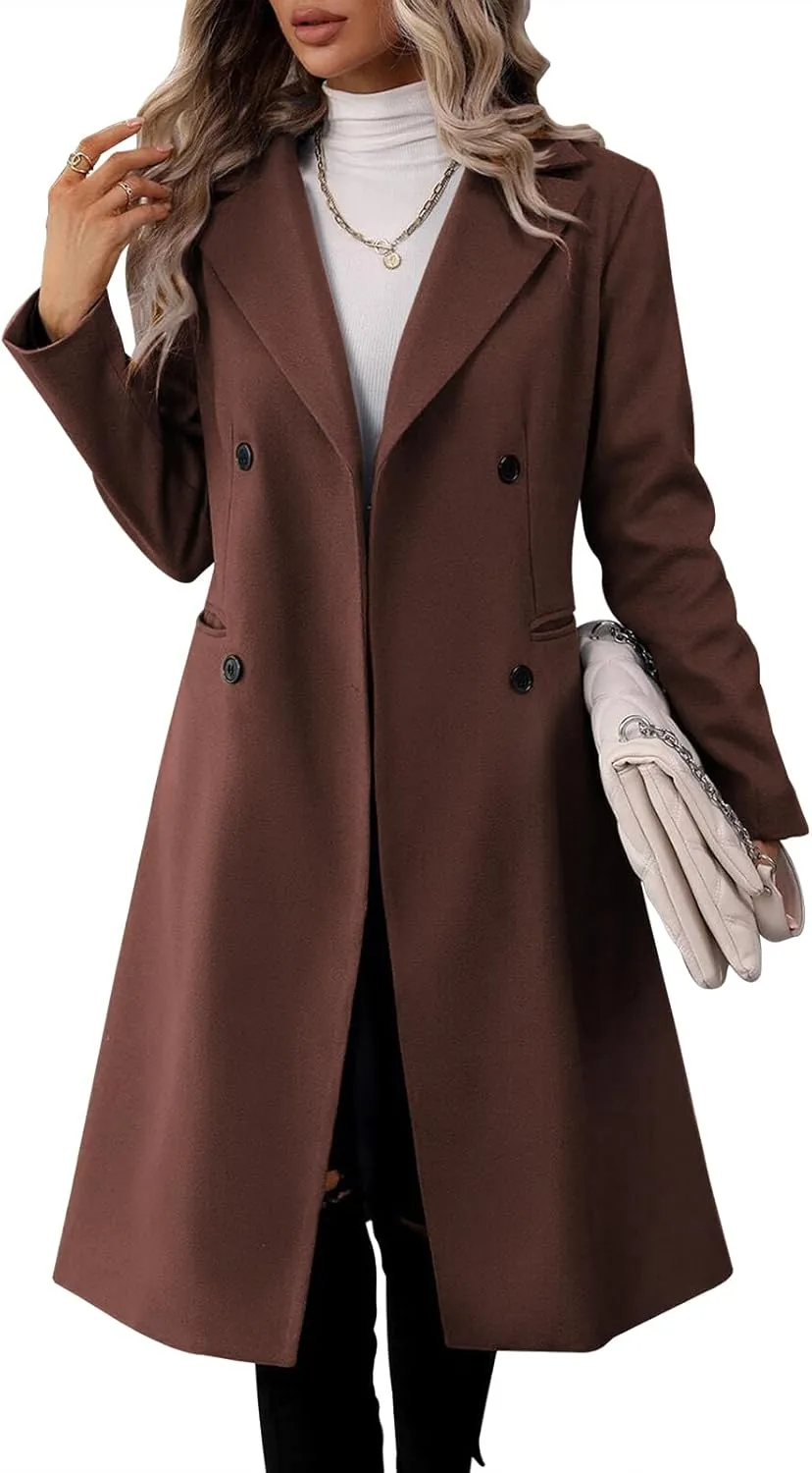 Danedvi Womens Long Double Breasted Coats Lapel Collar Pea Coat Winter Slim Fit Jackets Trench Coat Outwear