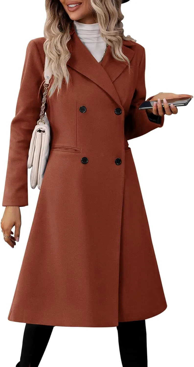 Danedvi Womens Long Double Breasted Coats Lapel Collar Pea Coat Winter Slim Fit Jackets Trench Coat Outwear