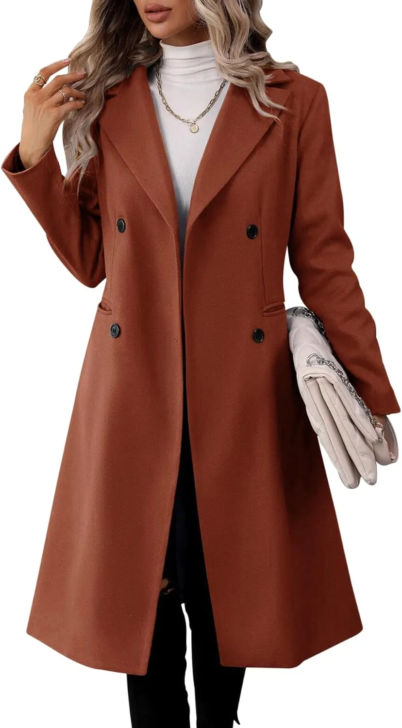 Danedvi Womens Long Double Breasted Coats Lapel Collar Pea Coat Winter Slim Fit Jackets Trench Coat Outwear