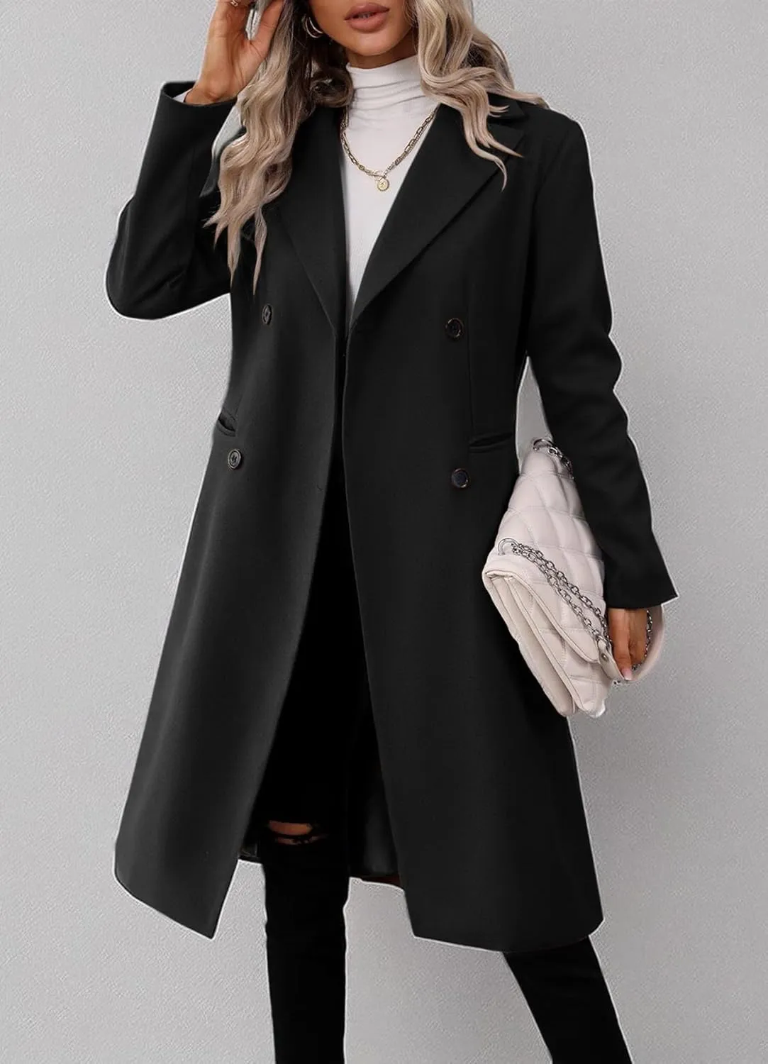 Danedvi Womens Long Double Breasted Coats Lapel Collar Pea Coat Winter Slim Fit Jackets Trench Coat Outwear