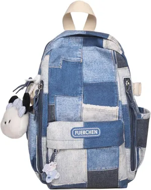 Denim Backpack Plaid Cute Kawaii Retro Jean Daypack Vintage Checkered Aesthetic Denim Plaid Backpack for Travel Work Trendy(Blue,Medium)