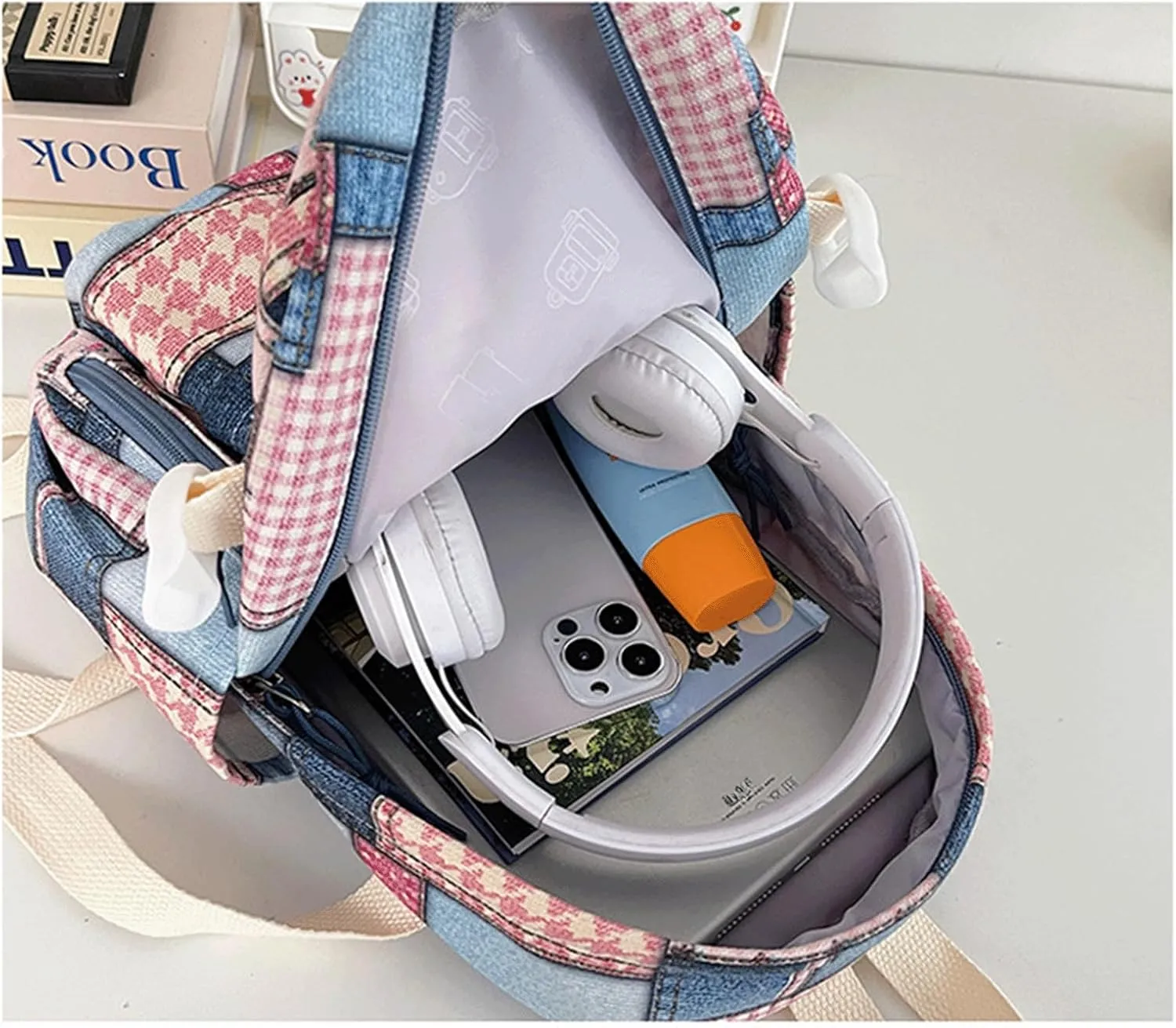 Denim Backpack Plaid Cute Kawaii Retro Jean Daypack Vintage Checkered Aesthetic Denim Plaid Backpack for Travel Work Trendy(Bronze,Medium)