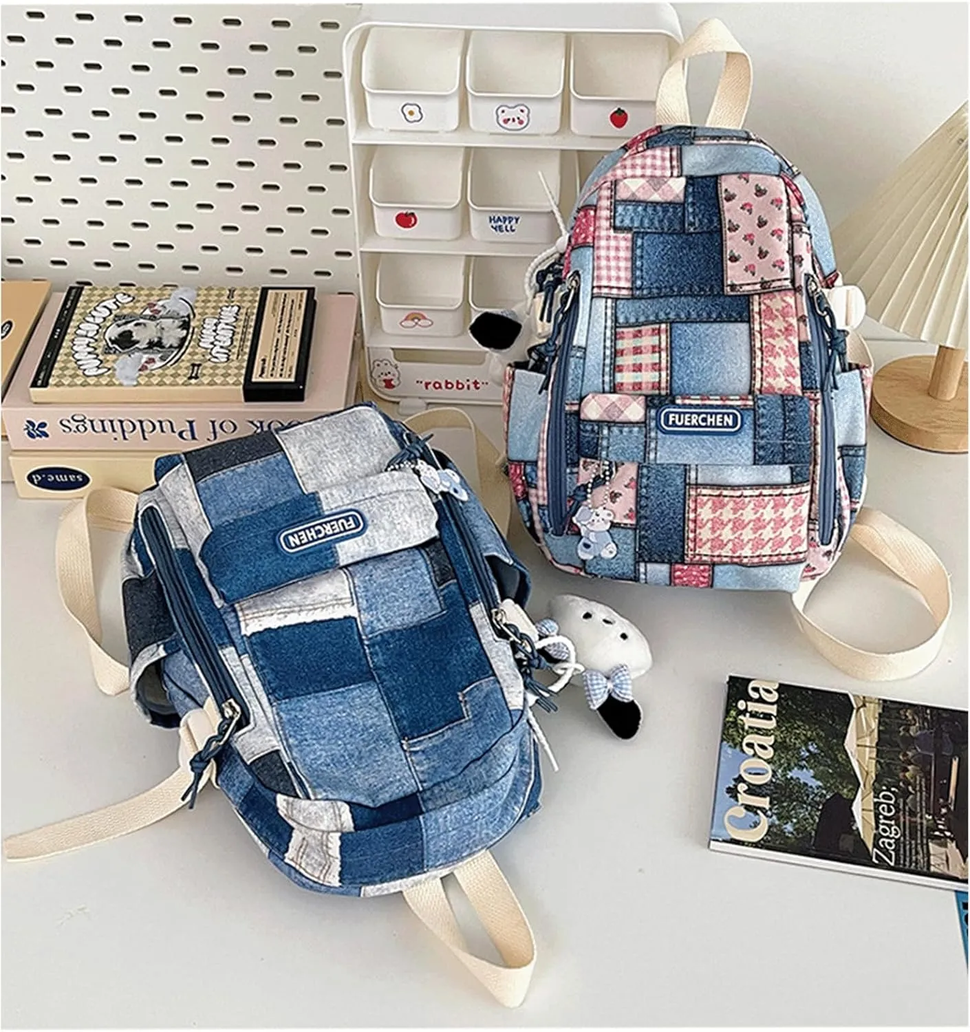 Denim Backpack Plaid Cute Kawaii Retro Jean Daypack Vintage Checkered Aesthetic Denim Plaid Backpack for Travel Work Trendy(Bronze,Medium)