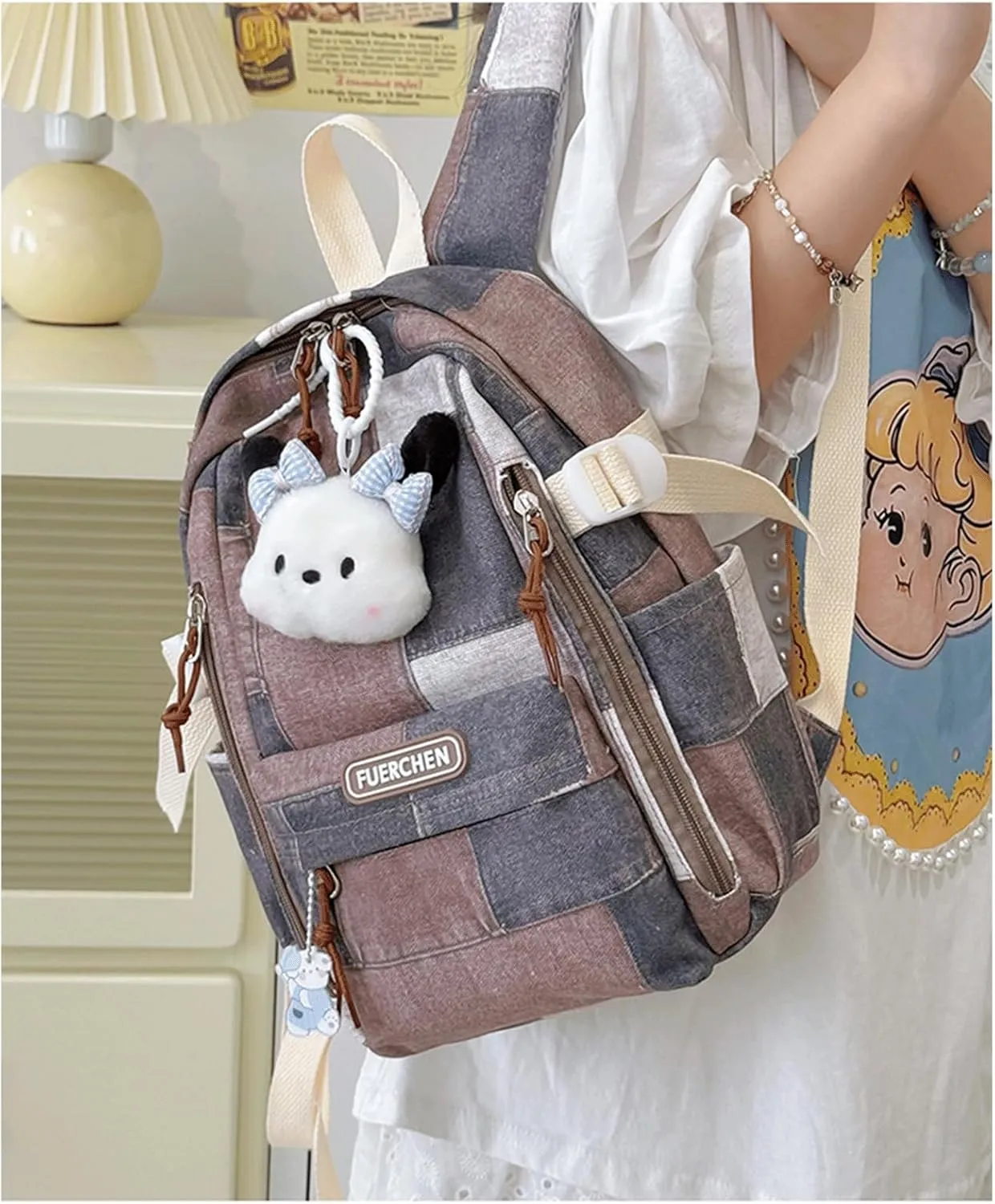Denim Backpack Plaid Cute Kawaii Retro Jean Daypack Vintage Checkered Aesthetic Denim Plaid Backpack for Travel Work Trendy(Bronze,Medium)