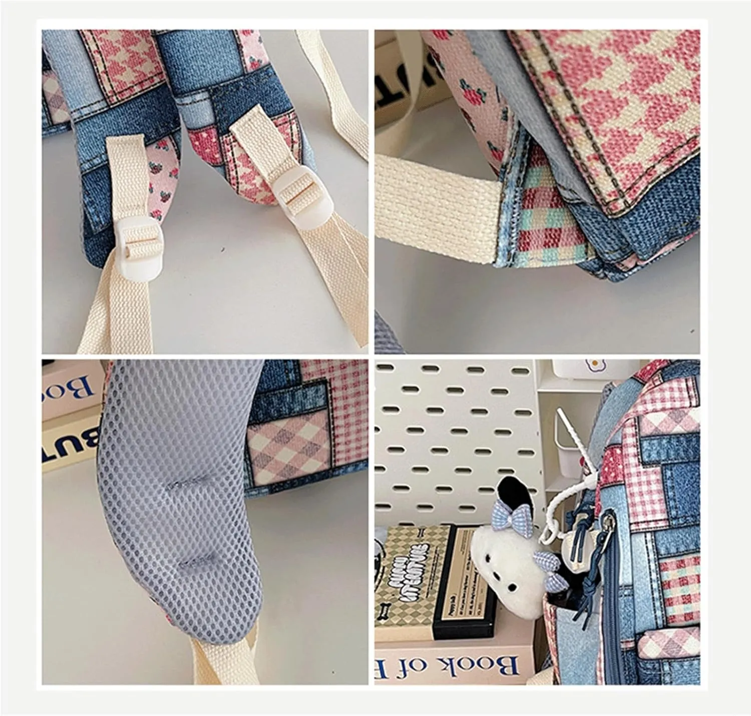 Denim Backpack Plaid Cute Kawaii Retro Jean Daypack Vintage Checkered Aesthetic Denim Plaid Backpack for Travel Work Trendy(Bronze,Medium)