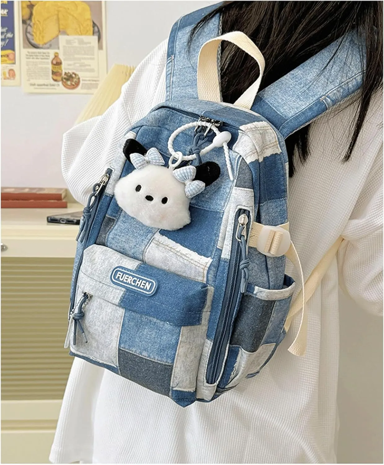 Denim Backpack Plaid Cute Kawaii Retro Jean Daypack Vintage Checkered Aesthetic Denim Plaid Backpack for Travel Work Trendy(Bronze,Medium)