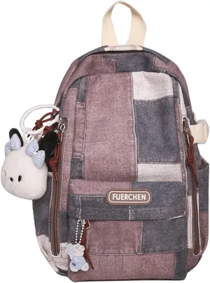 Denim Backpack Plaid Cute Kawaii Retro Jean Daypack Vintage Checkered Aesthetic Denim Plaid Backpack for Travel Work Trendy(Bronze,Medium)