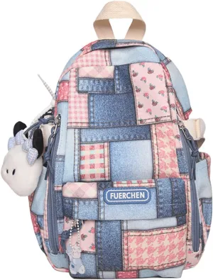 Denim Backpack Plaid Cute Kawaii Retro Jean Daypack Vintage Checkered Aesthetic Denim Plaid Backpack for Travel Work Trendy(Pink,Medium)