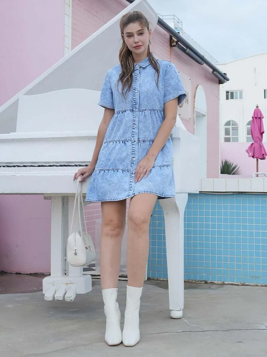 Denim Dress for Women Button Down Short Sleeves Casual Summer Jean Shirt Babydoll Denim Dress