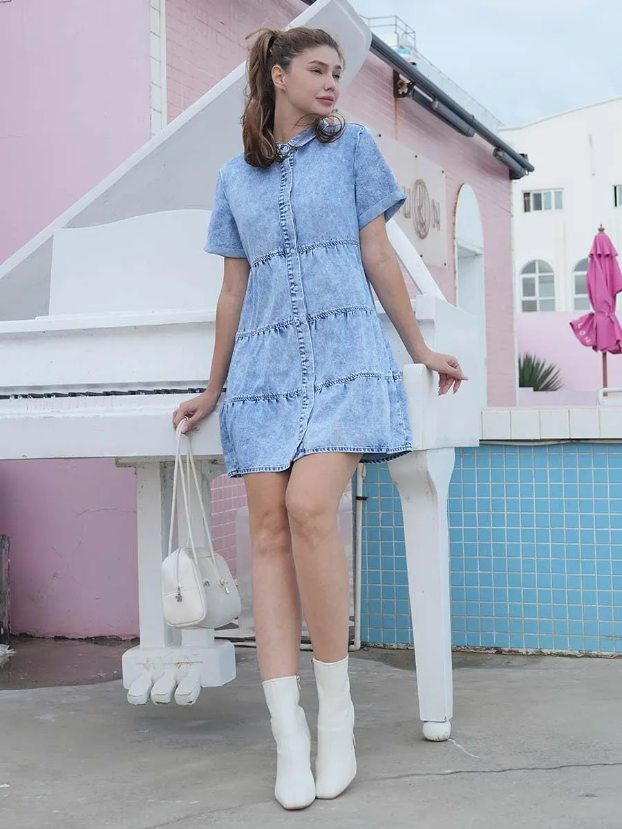 Denim Dress for Women Button Down Short Sleeves Casual Summer Jean Shirt Babydoll Denim Dress