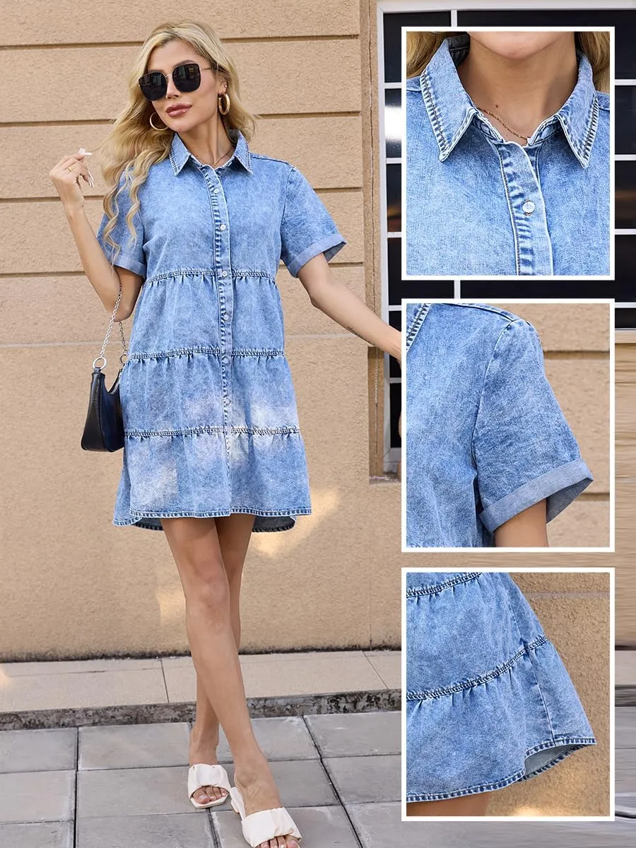 Denim Dress for Women Button Down Short Sleeves Casual Summer Jean Shirt Babydoll Denim Dress