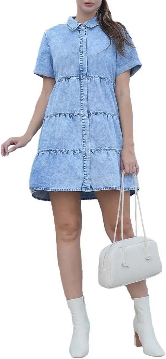 Denim Dress for Women Button Down Short Sleeves Casual Summer Jean Shirt Babydoll Denim Dress