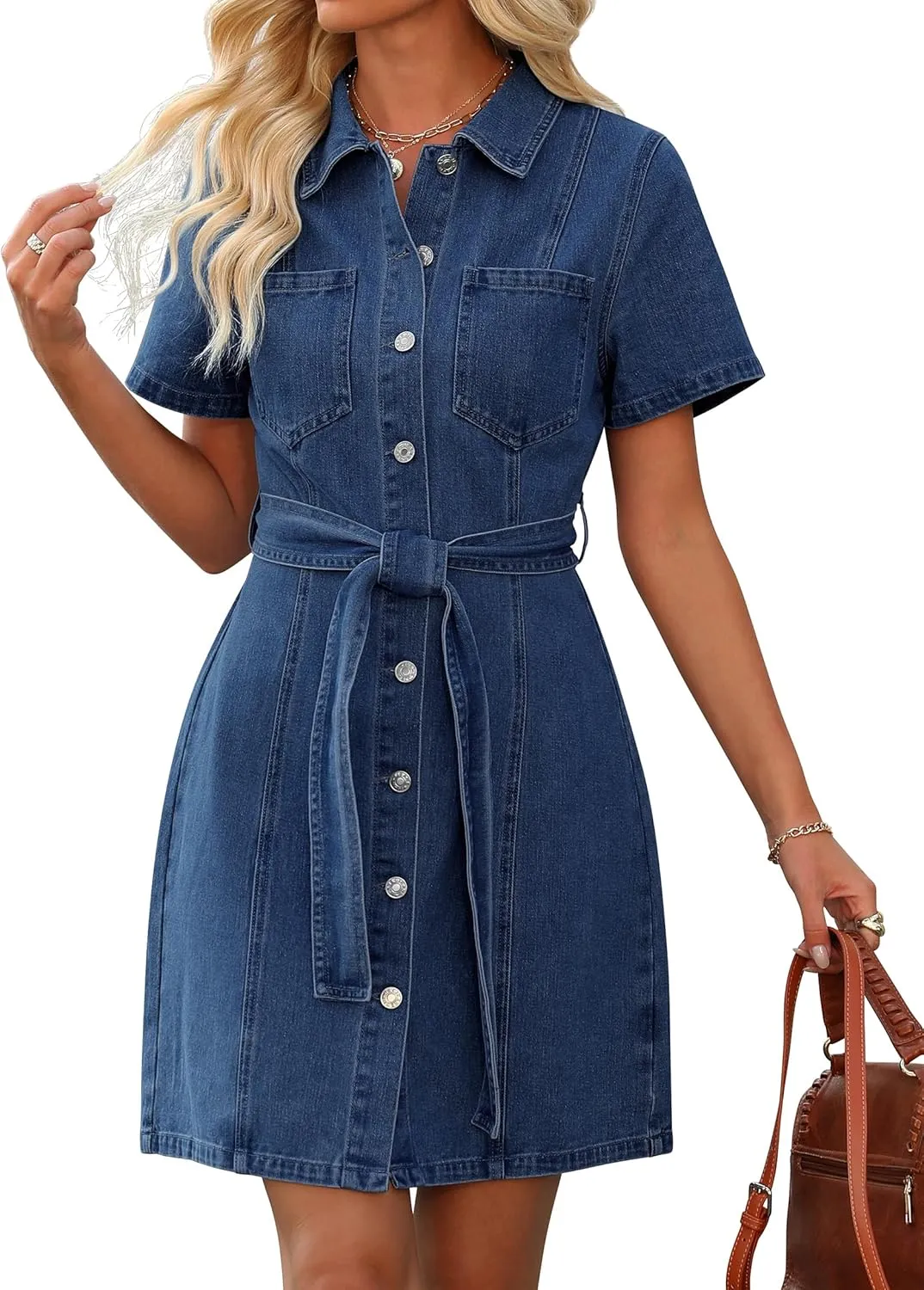 Denim Dress for Women,Short Sleeve Jean Dress Button Down Babydoll Denim Shirt Dresses with Pocket 2025 Outfits