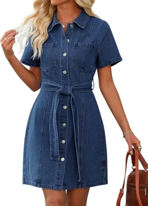 Denim Dress for Women,Short Sleeve Jean Dress Button Down Babydoll Denim Shirt Dresses with Pocket 2025 Outfits