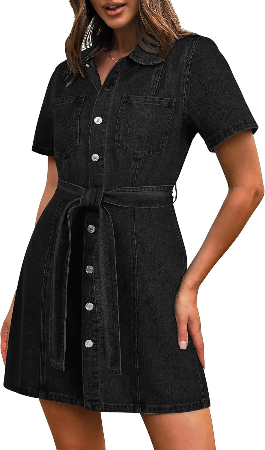 Denim Dress for Women,Short Sleeve Jean Dress Button Down Babydoll Denim Shirt Dresses with Pocket 2025 Outfits
