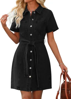 Denim Dress for Women,Short Sleeve Jean Dress Button Down Babydoll Denim Shirt Dresses with Pocket 2025 Outfits