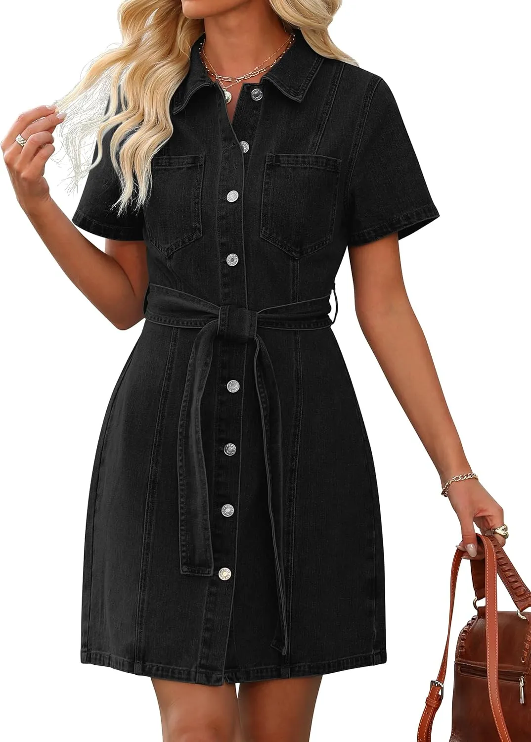 Denim Dress for Women,Short Sleeve Jean Dress Button Down Babydoll Denim Shirt Dresses with Pocket 2025 Outfits