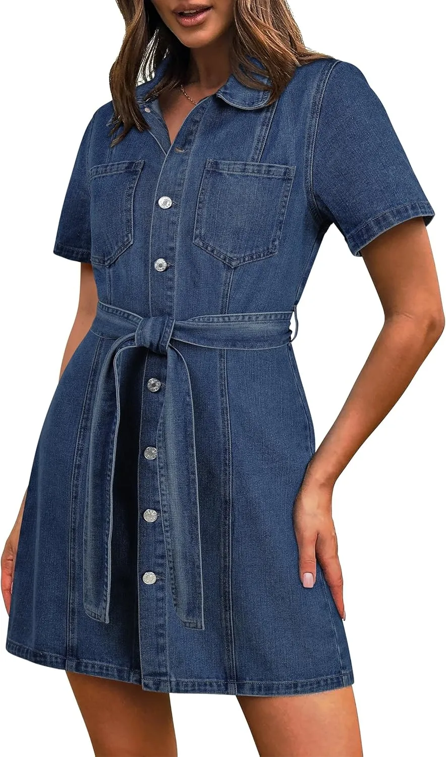 Denim Dress for Women,Short Sleeve Jean Dress Button Down Babydoll Denim Shirt Dresses with Pocket 2025 Outfits