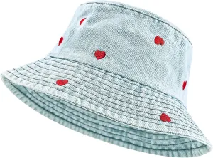 Denim Heart Bucket Hats, Packable Beach Jean Hat Cotton Summer Lightweight Wide Brim Cap, Outdoor Fishermen Hat
