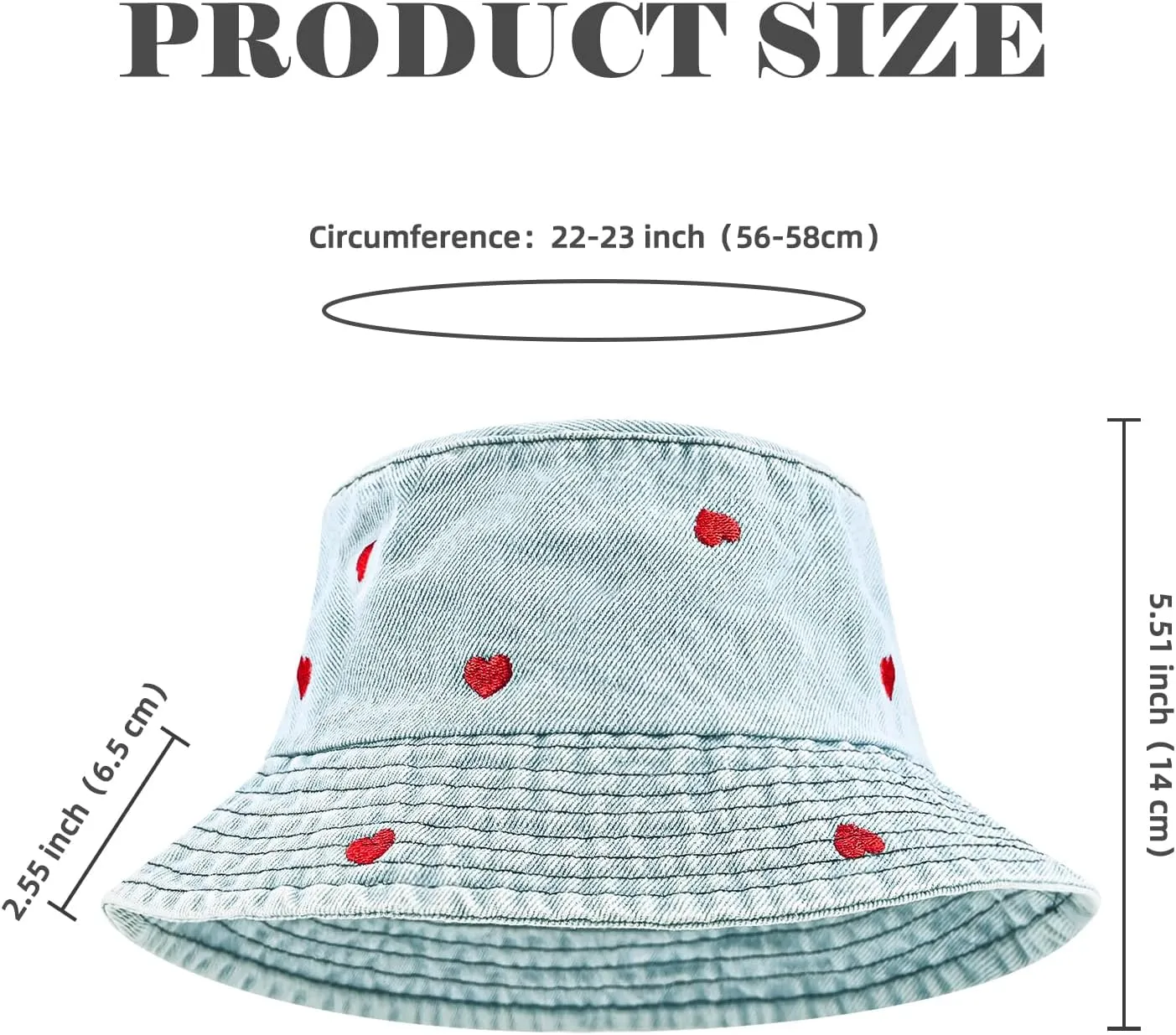 Denim Heart Bucket Hats, Packable Beach Jean Hat Cotton Summer Lightweight Wide Brim Cap, Outdoor Fishermen Hat