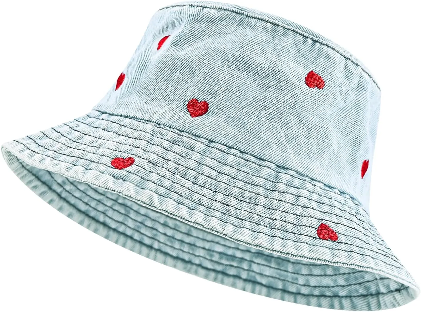 Denim Heart Bucket Hats, Packable Beach Jean Hat Cotton Summer Lightweight Wide Brim Cap, Outdoor Fishermen Hat