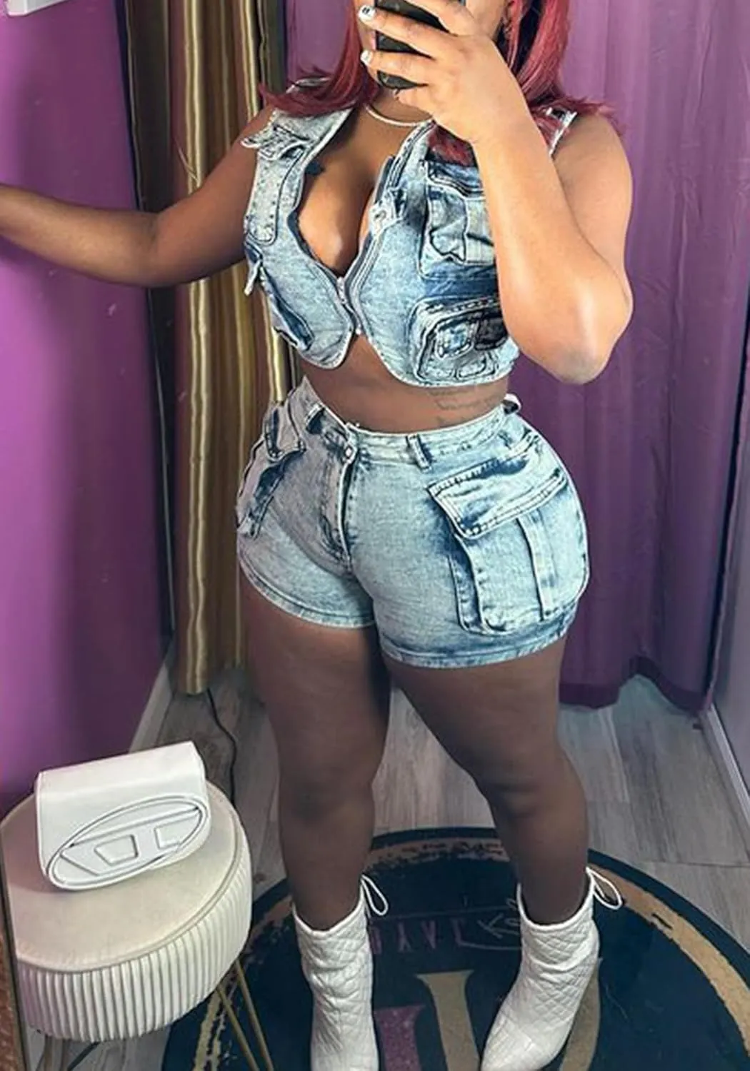 Denim Outfits for Women's 2 Piece Sets Summer Party & Club Cargo Vest Top and Stretchy Jean Shorts Sets 2025