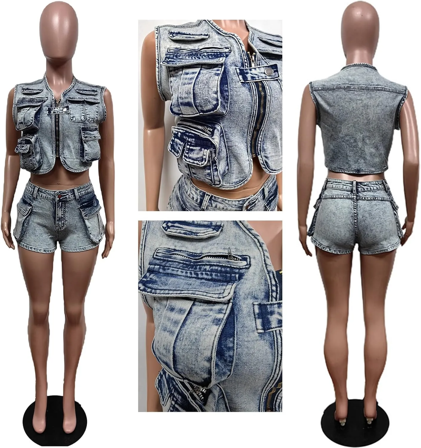 Denim Outfits for Women's 2 Piece Sets Summer Party & Club Cargo Vest Top and Stretchy Jean Shorts Sets 2025