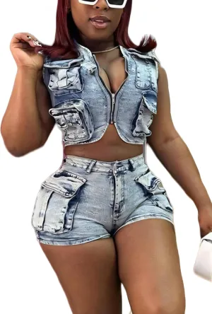 Denim Outfits for Women's 2 Piece Sets Summer Party & Club Cargo Vest Top and Stretchy Jean Shorts Sets 2025